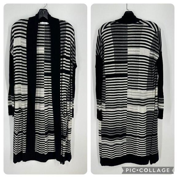 Vince Merino Wool Cardigan Sweater Open Front Striped Long Length Black Gray - Picture 1 of 8
